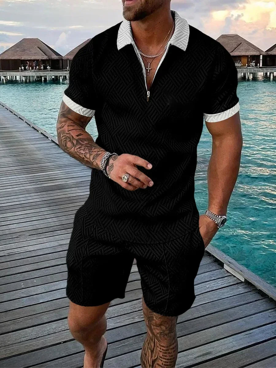 V-neck Zipper Short Sleeve POLO Shirt & Shorts