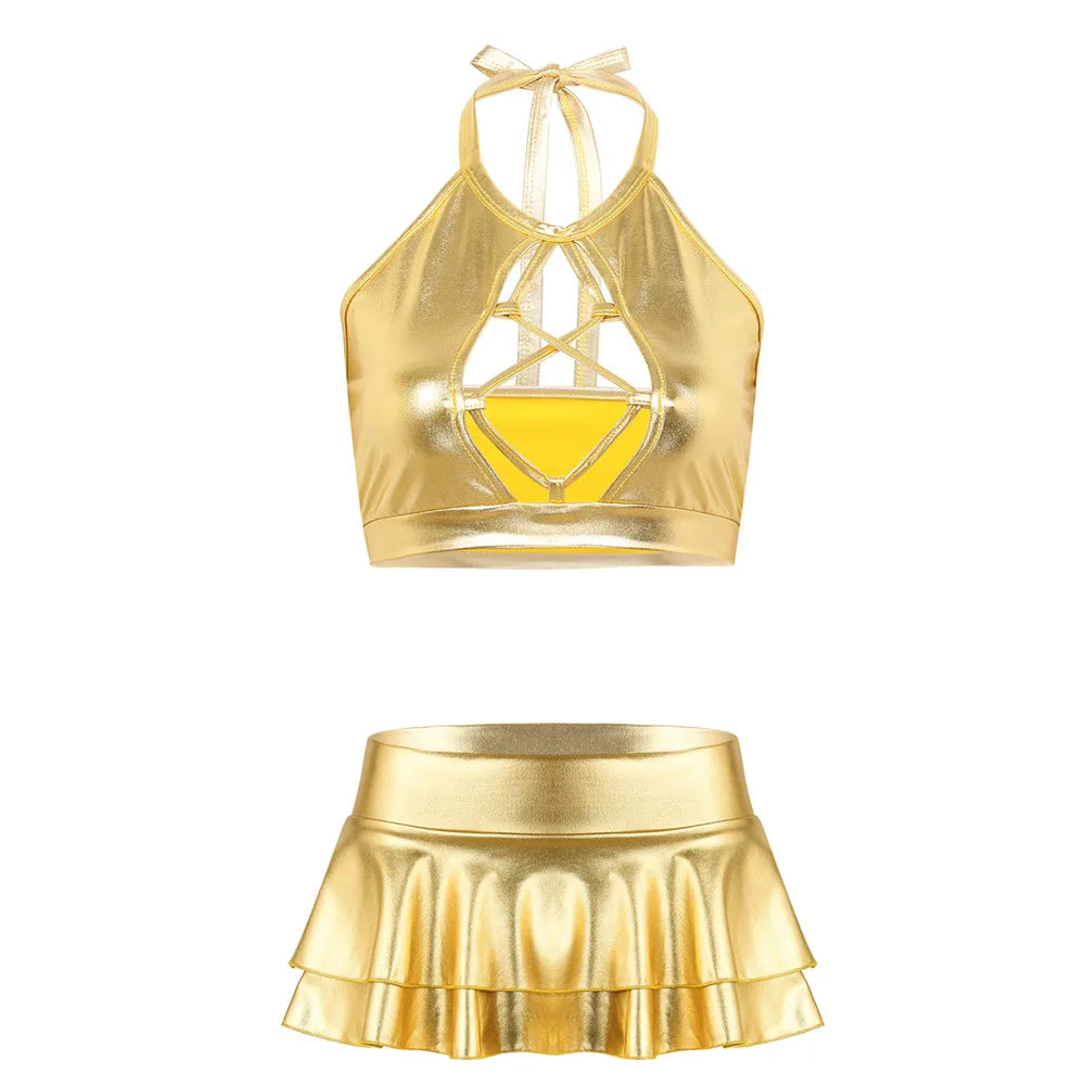 Two Piece Shiny Metallic Rave  Crop Top Bra Vest