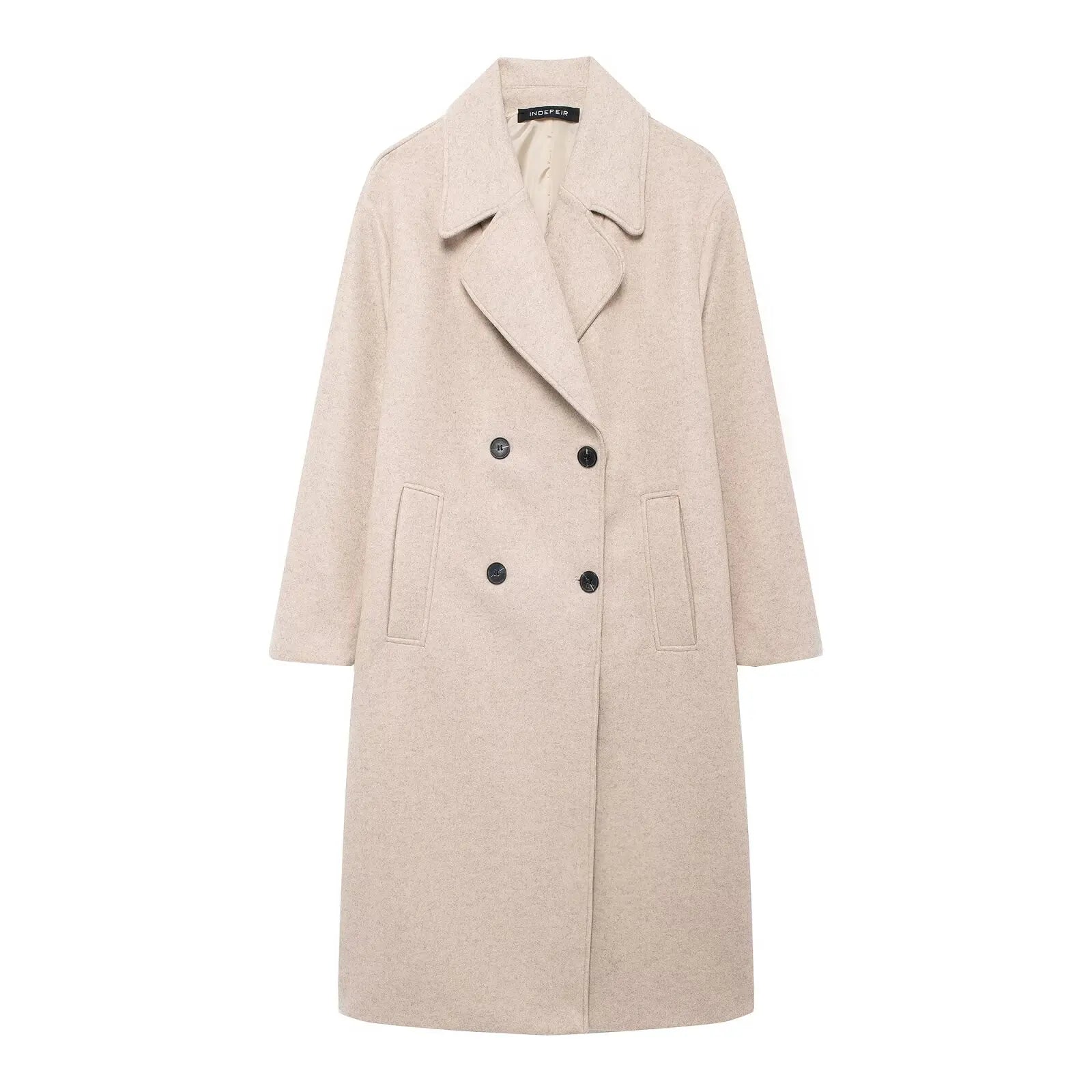 TRAFZA Solid Lapel Double Breasted Coat