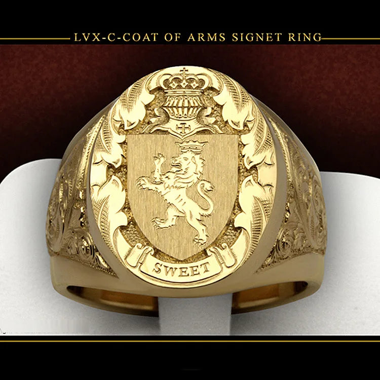 Luxury Gold Plated Coat of Arms Sweet Signet Engraved Ring