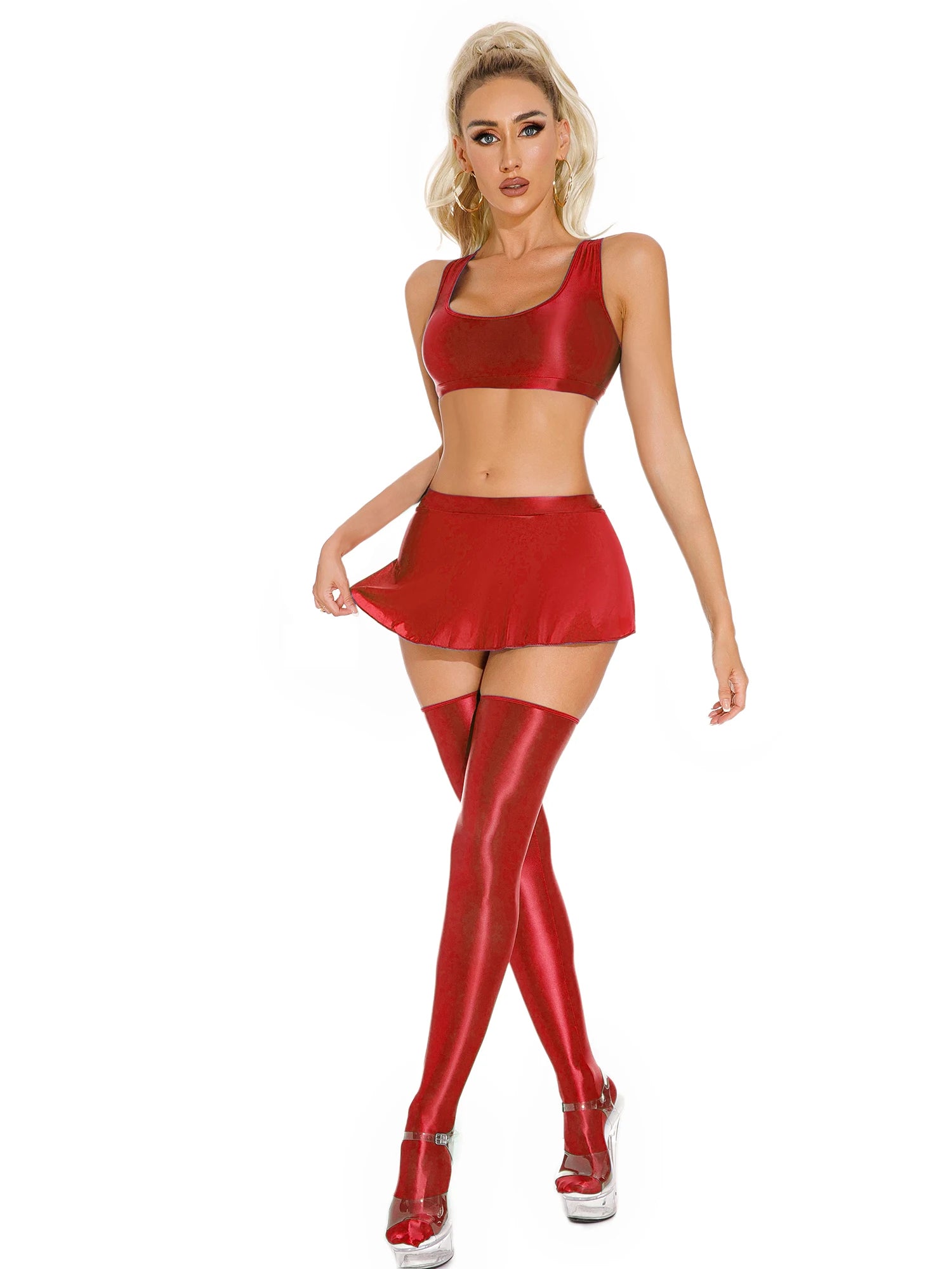 Glossy Rave Party Outfit Mini Skirt  & Crop Top