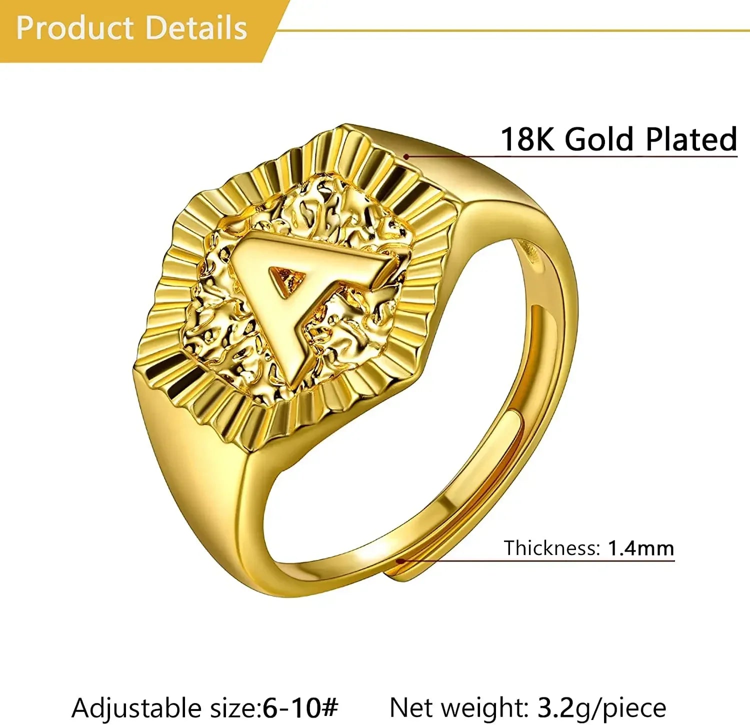 18k gold plated U7 Hexagon Surface Rings