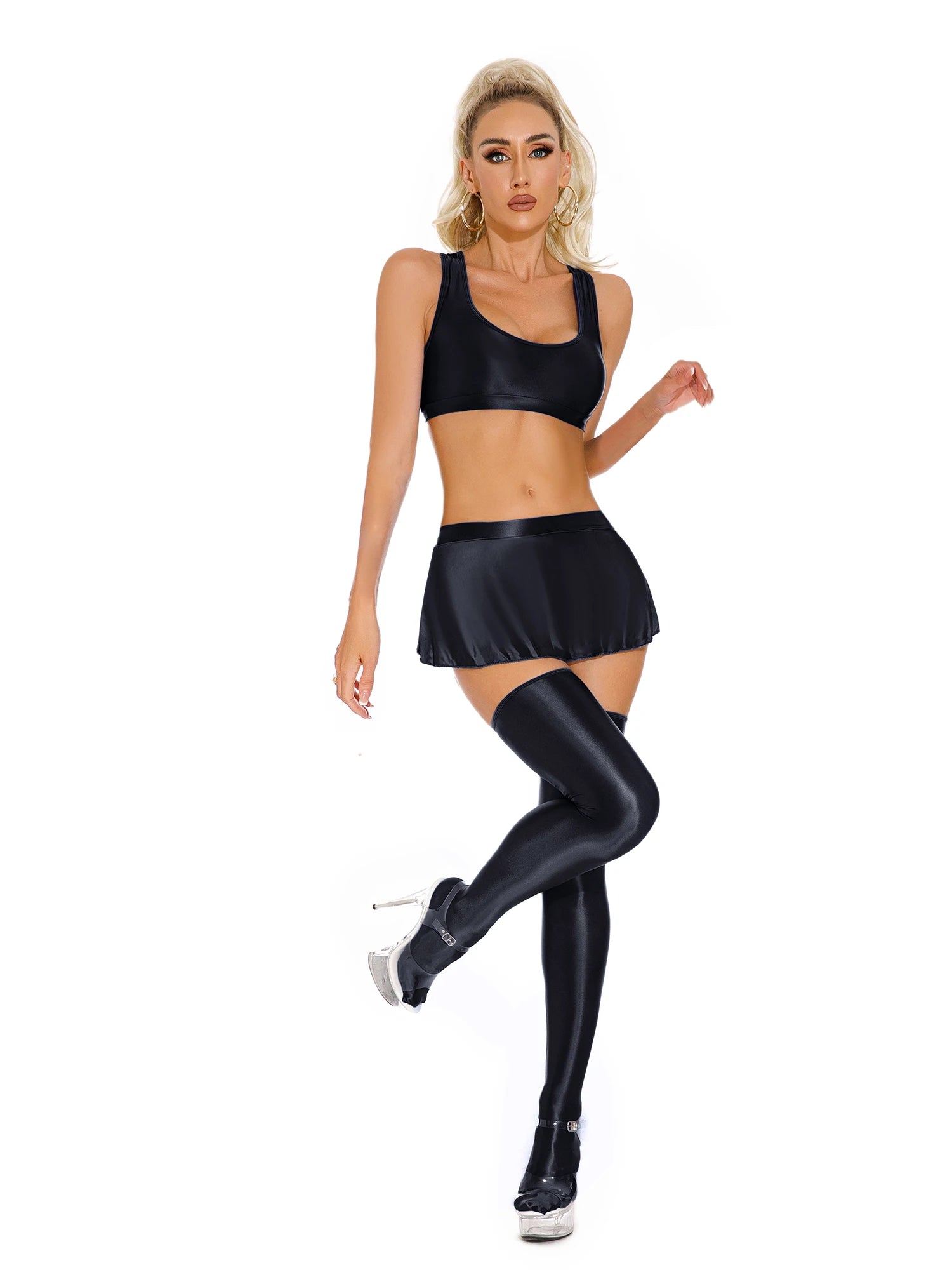 Glossy Rave Party Outfit Mini Skirt  & Crop Top