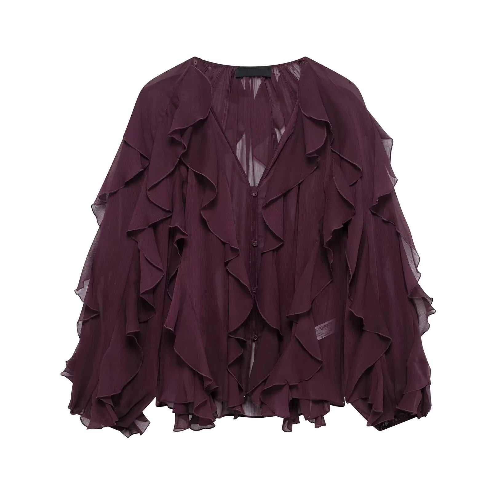 Tangada  Wine Red Ruffles Shirt Long Sleeve