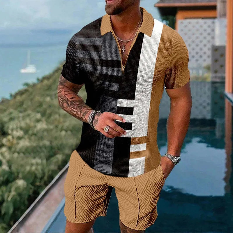 3D Printed Short Sleeve Zipper Polo Shirt Shorts