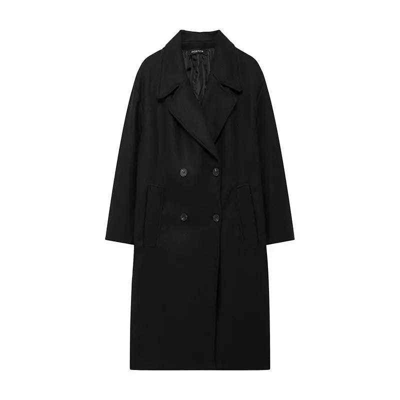 TRAFZA Solid Lapel Double Breasted Coat