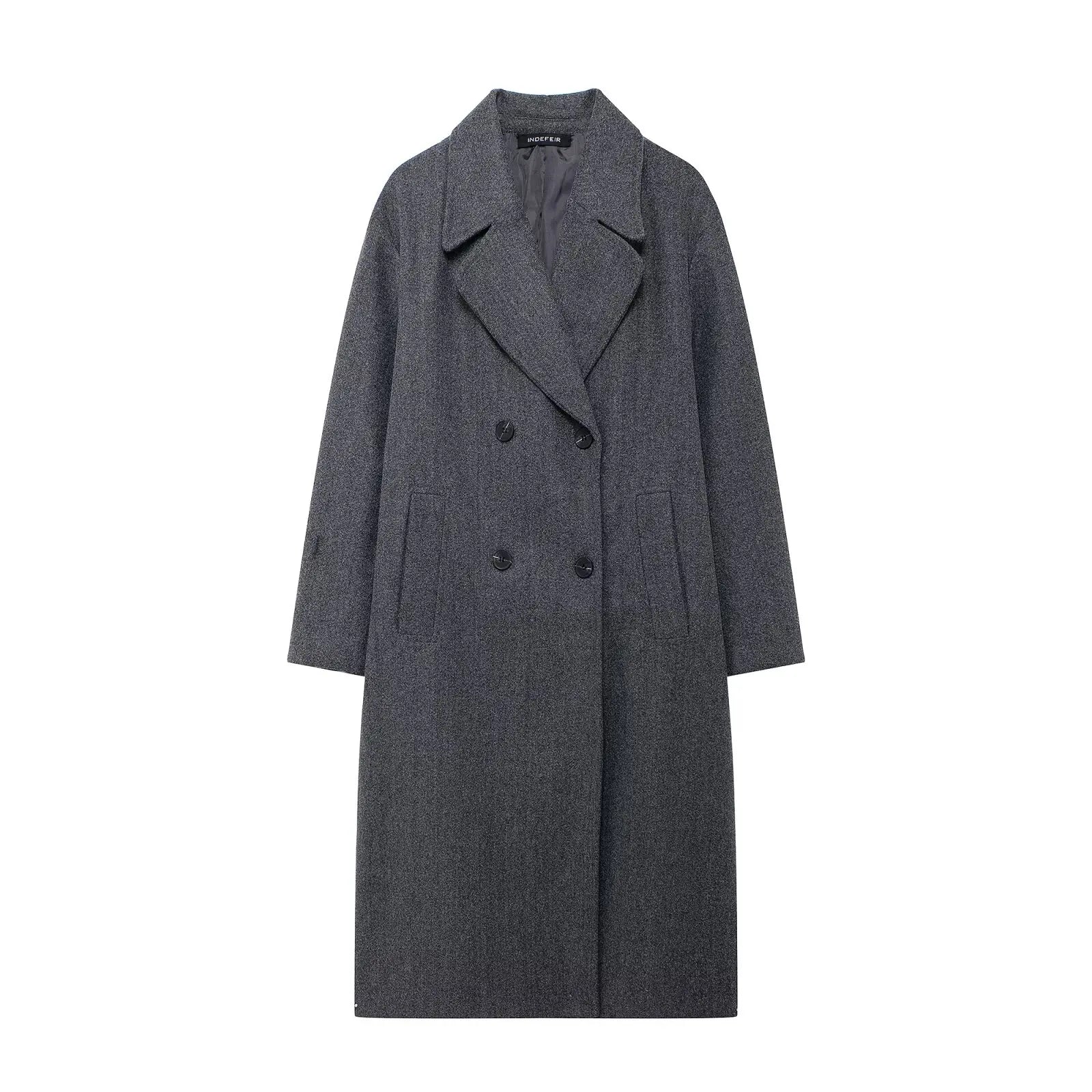 TRAFZA Solid Lapel Double Breasted Coat
