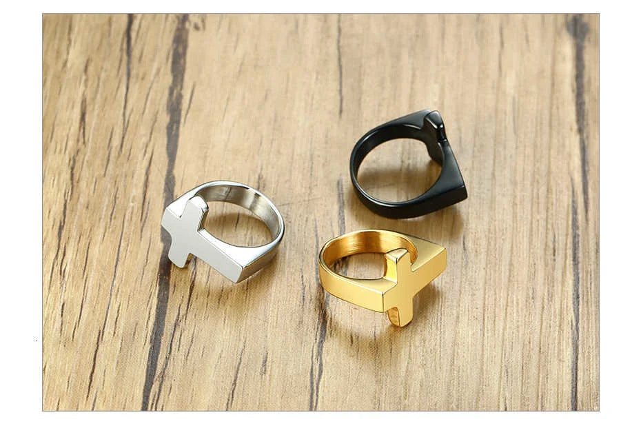 18k gold plated Cross & black/silver Flat Top Ring