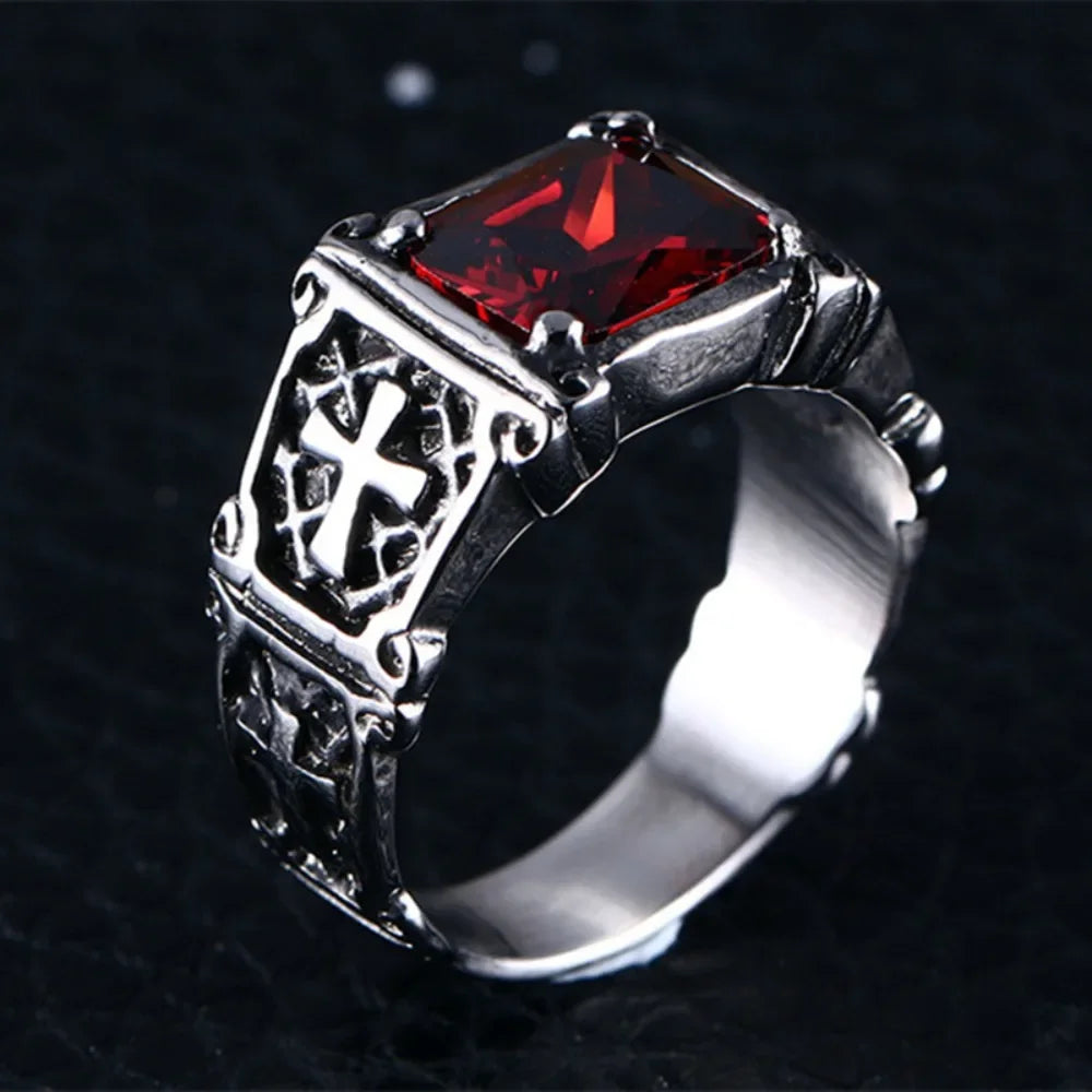 Compact Red Gemstone Cross Pattern Ring