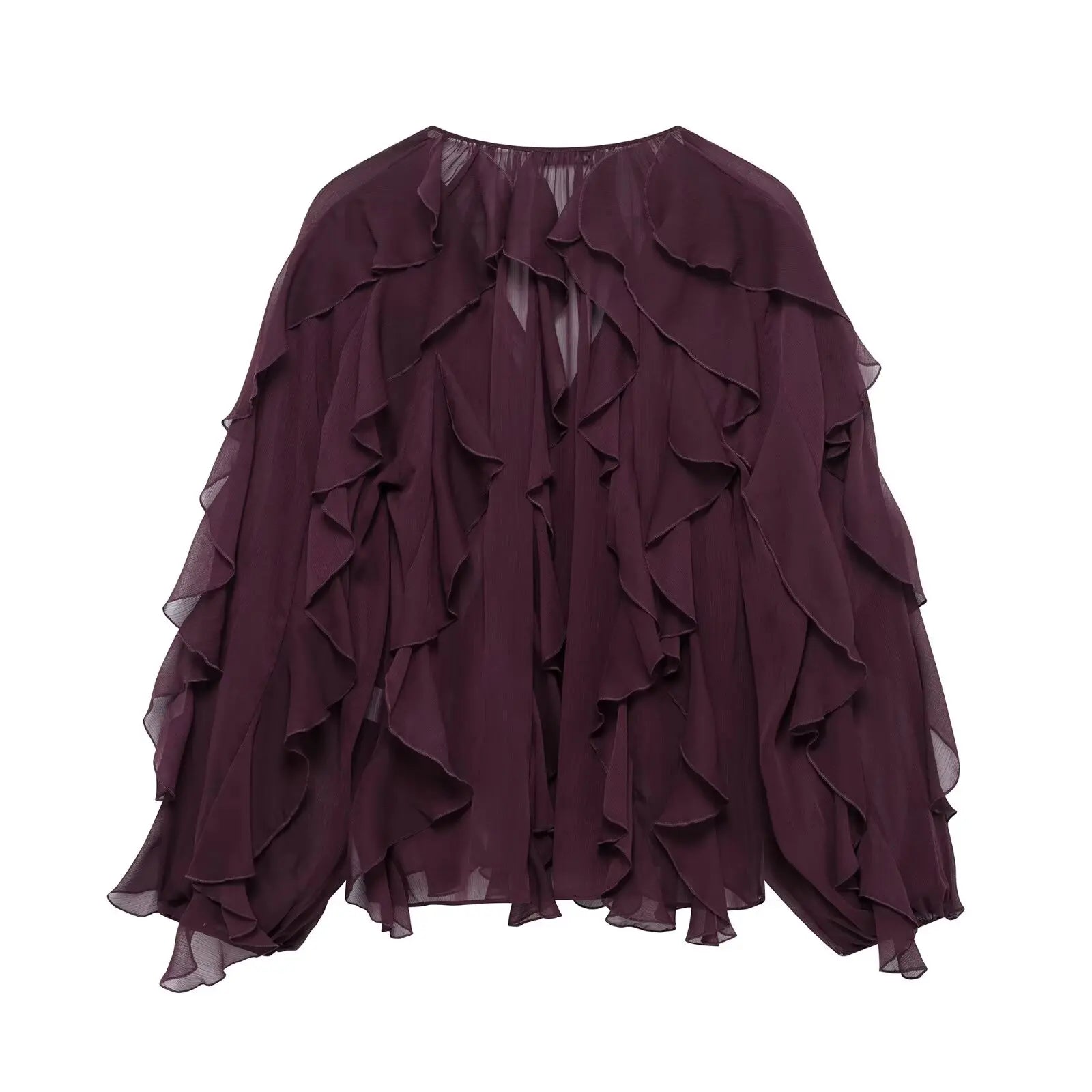 Tangada  Wine Red Ruffles Shirt Long Sleeve