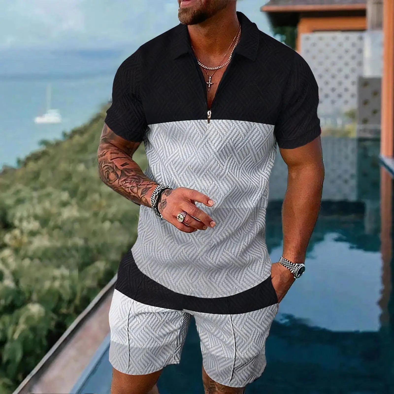 White Plaid Graphic Polo Shirt Sets Casual Zipper