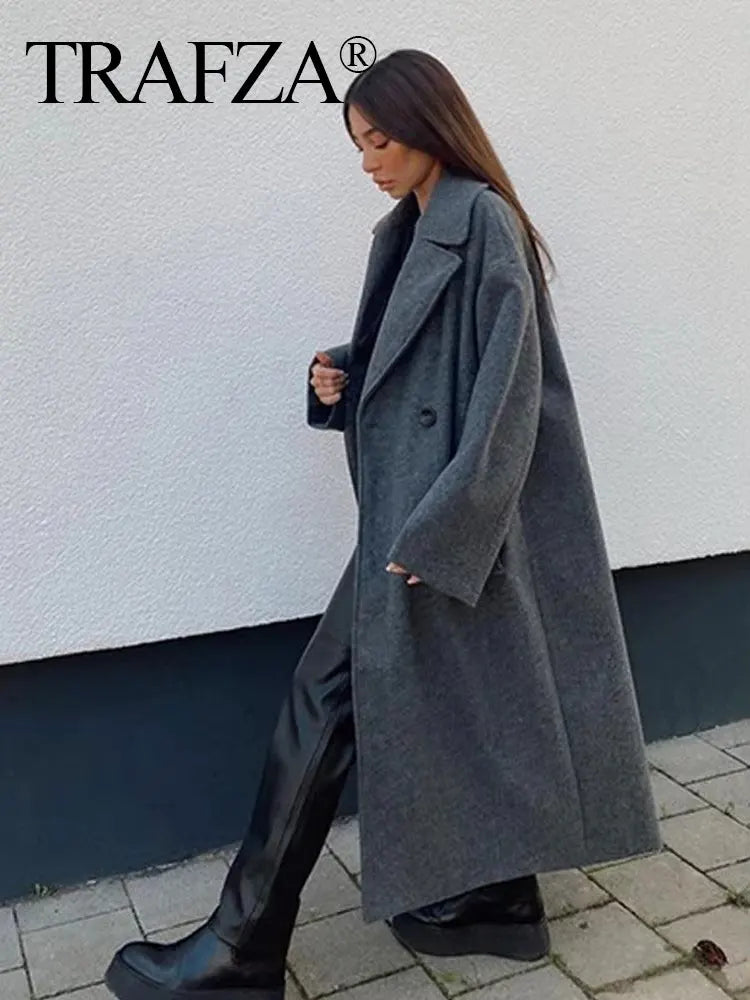 TRAFZA Solid Lapel Double Breasted Coat