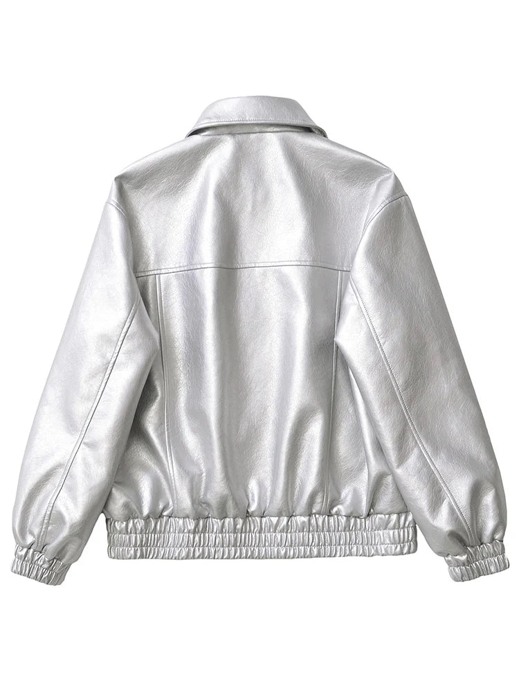 Ailegogo Retro Loose Short Pu Faux Leather Jacket
