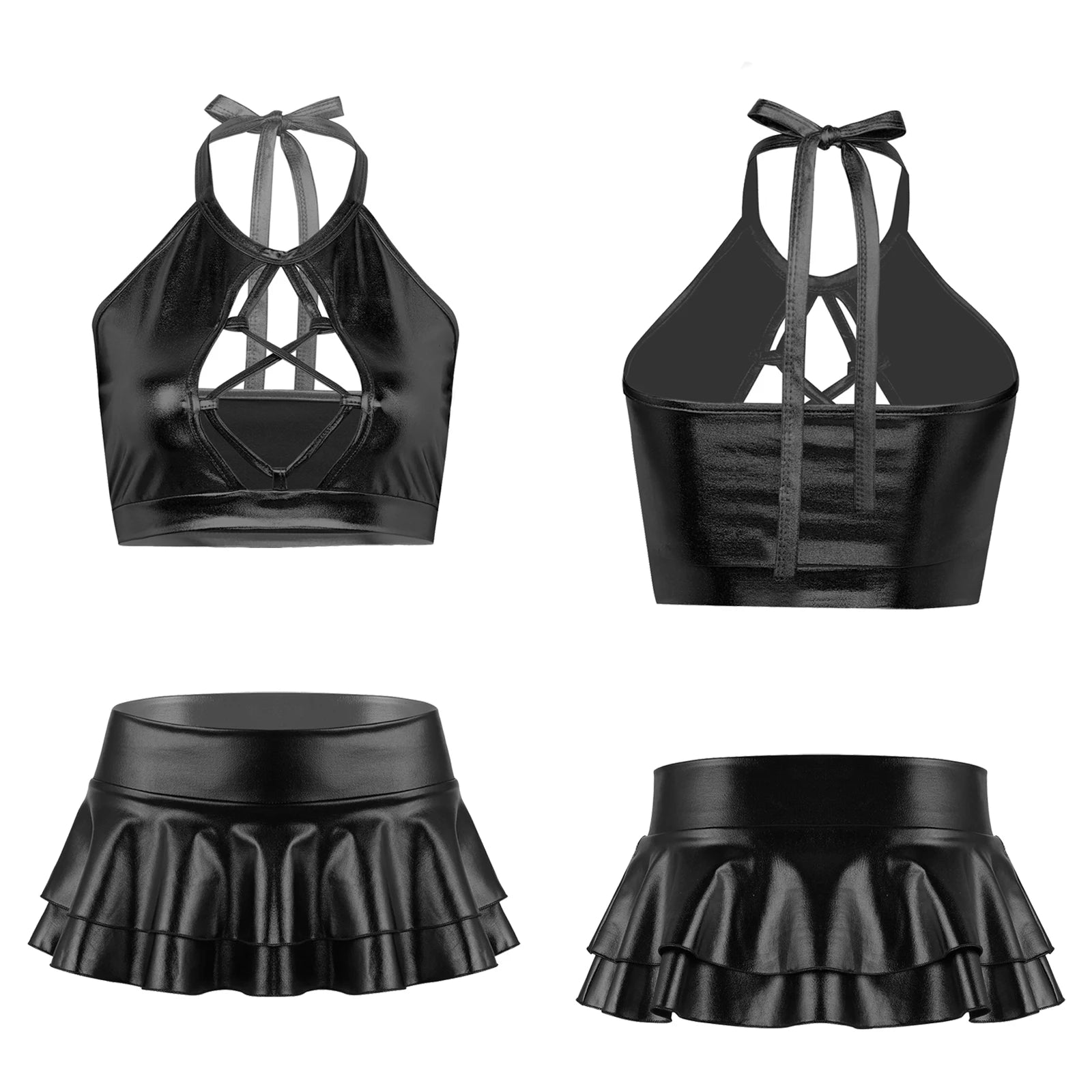 Two Piece Shiny Metallic Rave  Crop Top Bra Vest