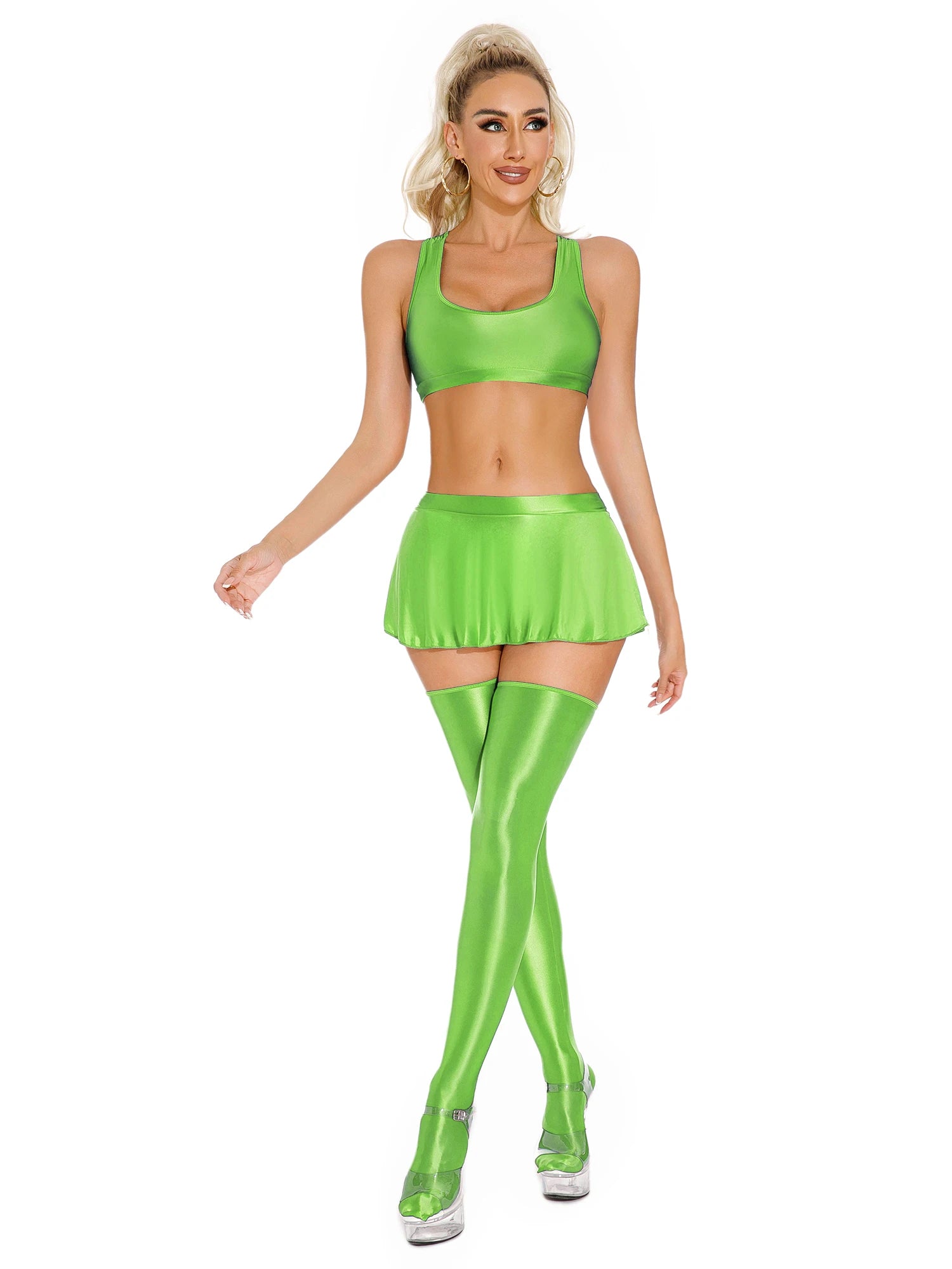 Glossy Rave Party Outfit Mini Skirt  & Crop Top