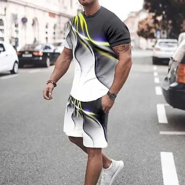 3D Short Sleeve Loose Casual Colorful Line Printing suit