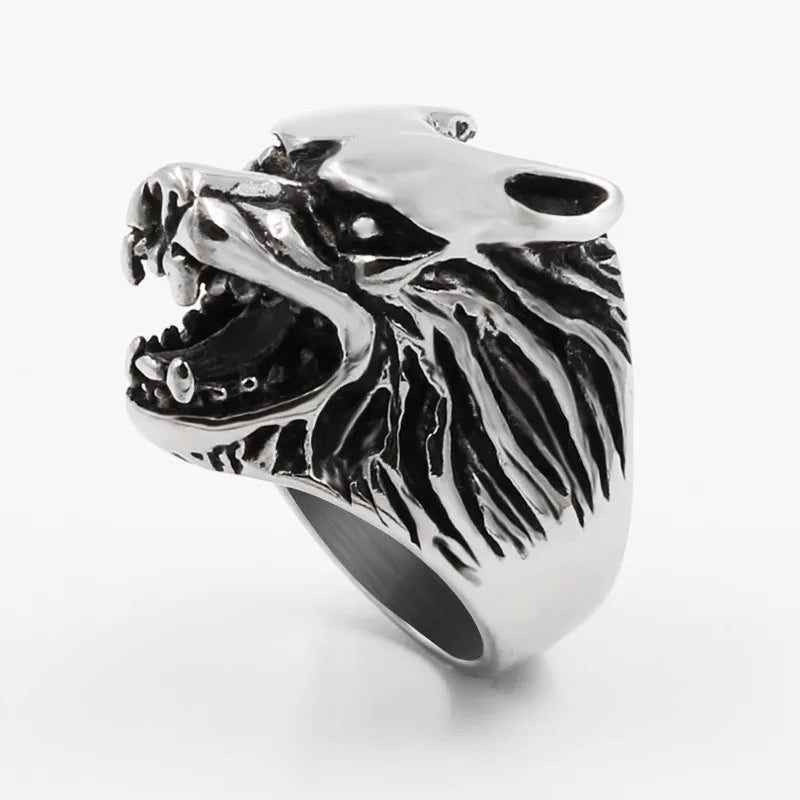316L Stainless Steel Cast Domineering Ice Wolf Head rings