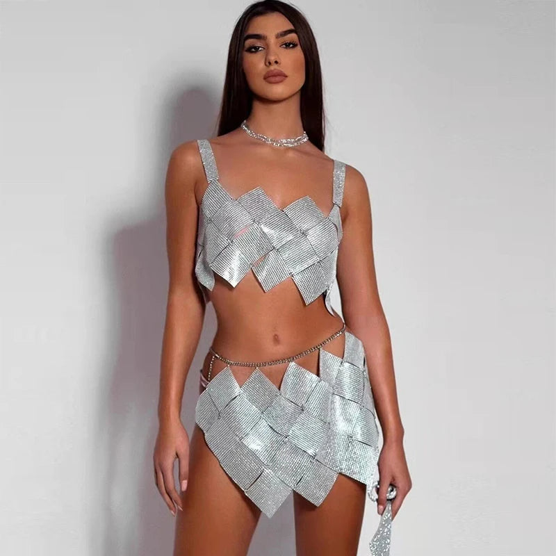 Shiny Crystal Rhinestone  Tank Tops Mini Skirt