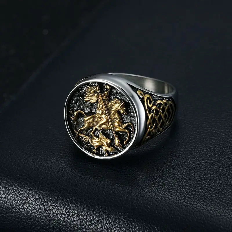Gold-Plated Saint George Dragon Slaying Knight  Ring