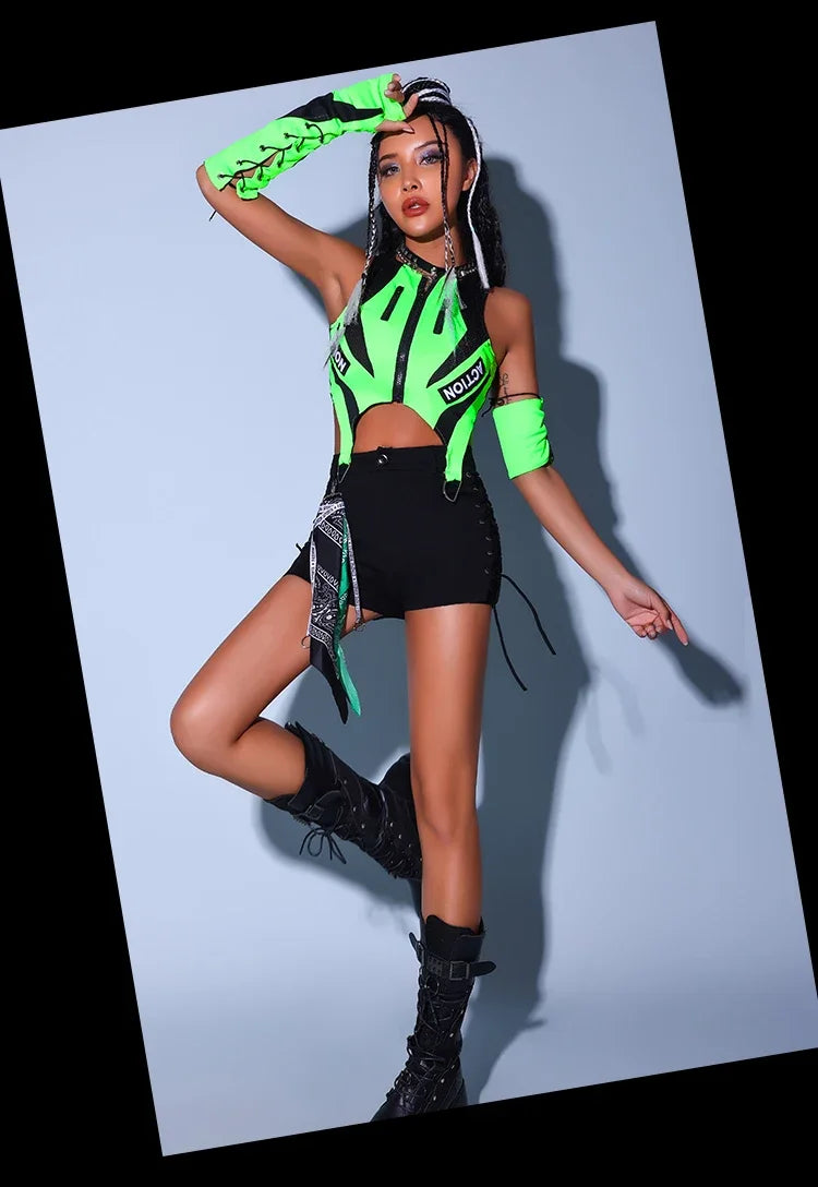 Fluorescent Green/yellow Tops Black Shorts Outfits