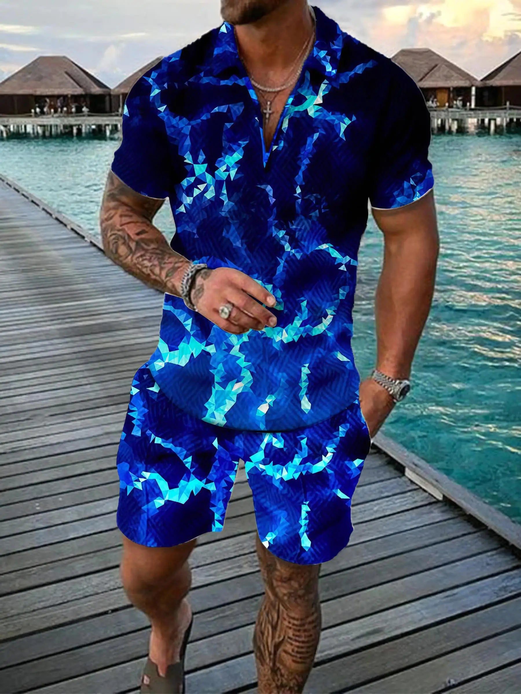 3D Digital Printed  Polo Shirt & Shorts Suits