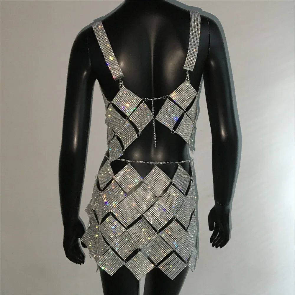 Shiny Crystal Rhinestone  Tank Tops Mini Skirt