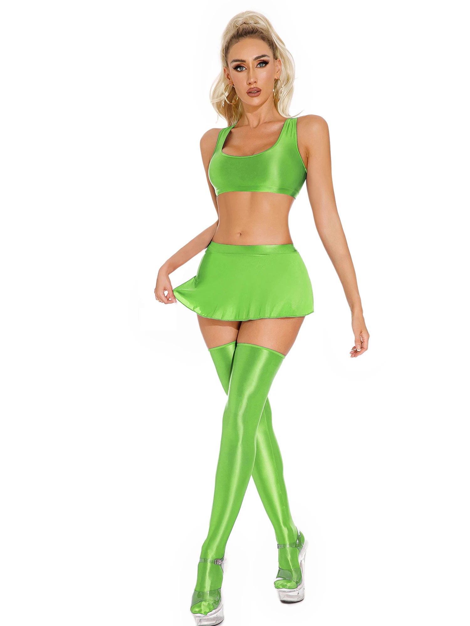 Glossy Rave Party Outfit Mini Skirt  & Crop Top