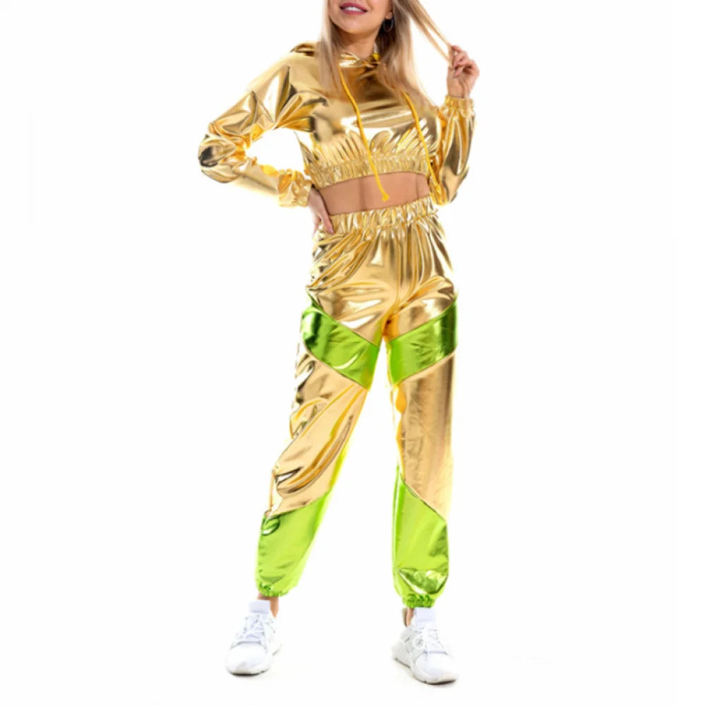 Shiny Crop Top Hoodie Metallic Casual trousers
