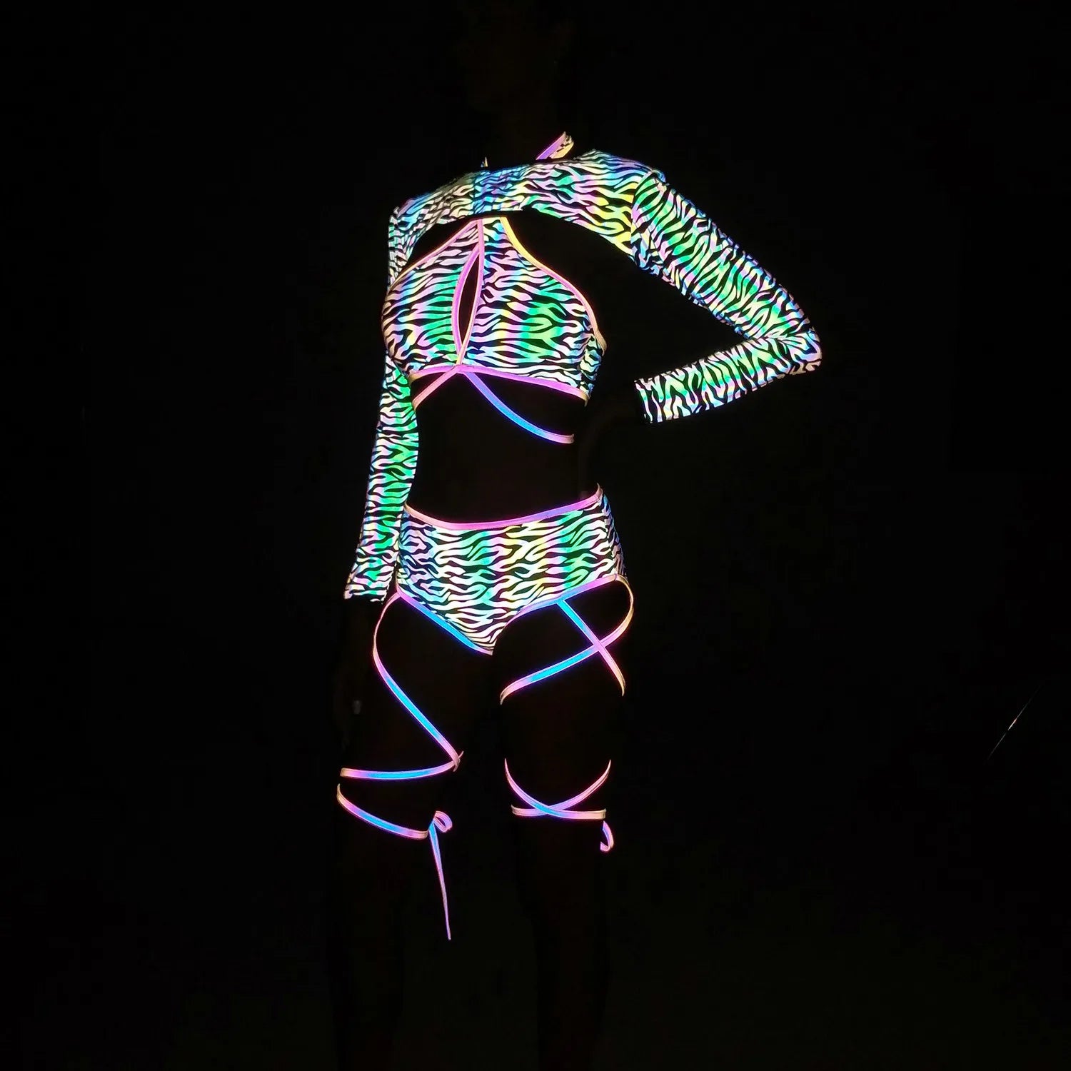 Harajuku Reflective Set Bandage Shorts+Bra+Crop