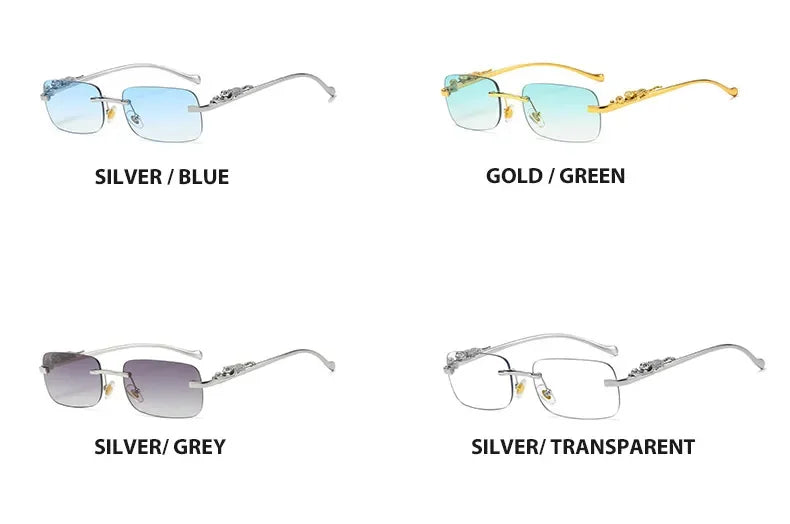 Rimless Rectangle Vintage Metal Leopard Head Sunglasses