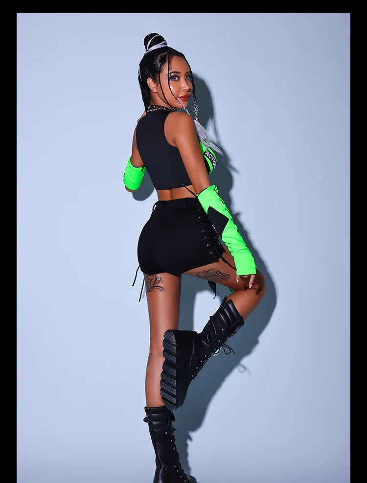 Fluorescent Green/yellow Tops Black Shorts Outfits
