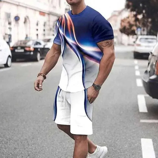 3D Short Sleeve Loose Casual Colorful Line Printing suit