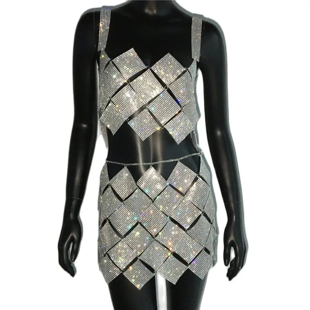 Shiny Crystal Rhinestone  Tank Tops Mini Skirt