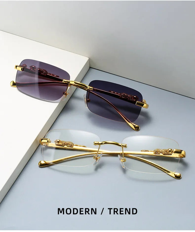 Rimless Rectangle Vintage Metal Leopard Head Sunglasses