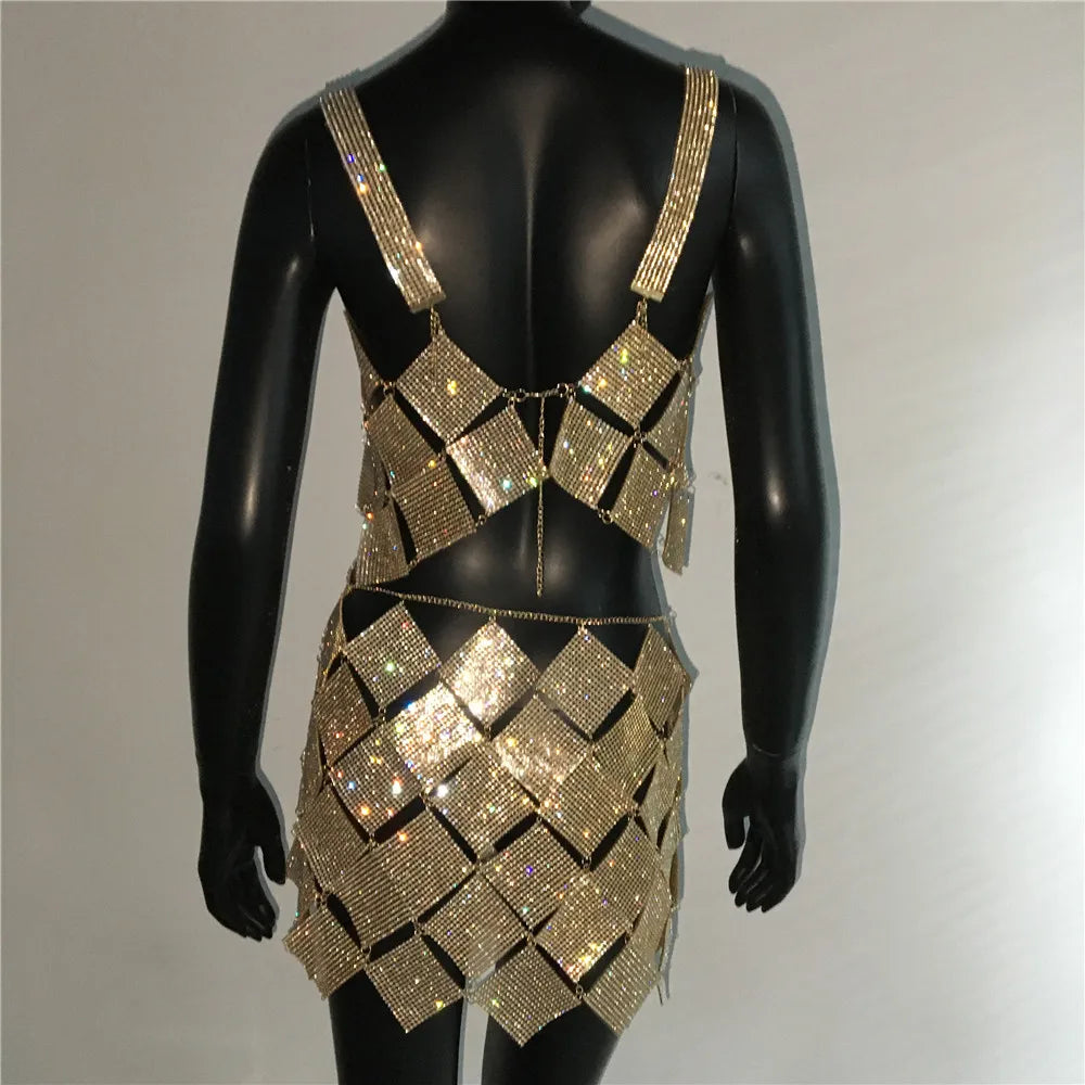 Shiny Crystal Rhinestone  Tank Tops Mini Skirt