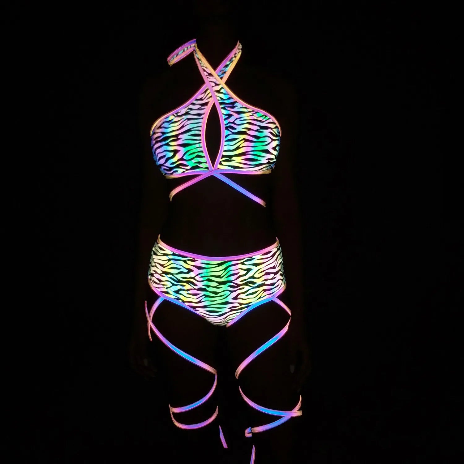 Harajuku Reflective Set Bandage Shorts+Bra+Crop