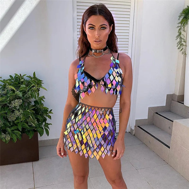 Festival Queen Sequined Crop Top and Mini Skirt