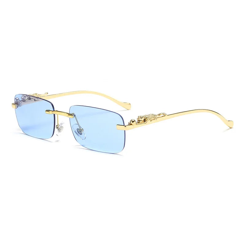 Rimless Rectangle Vintage Metal Leopard Head Sunglasses
