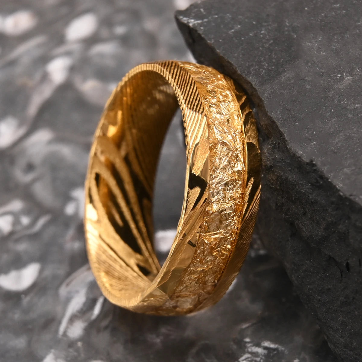 18K Gold Plated luxury Damascus steel inlaid with golden foil wedding ring