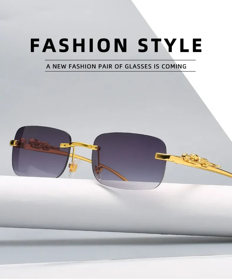 Rimless Rectangle Vintage Metal Leopard Head Sunglasses