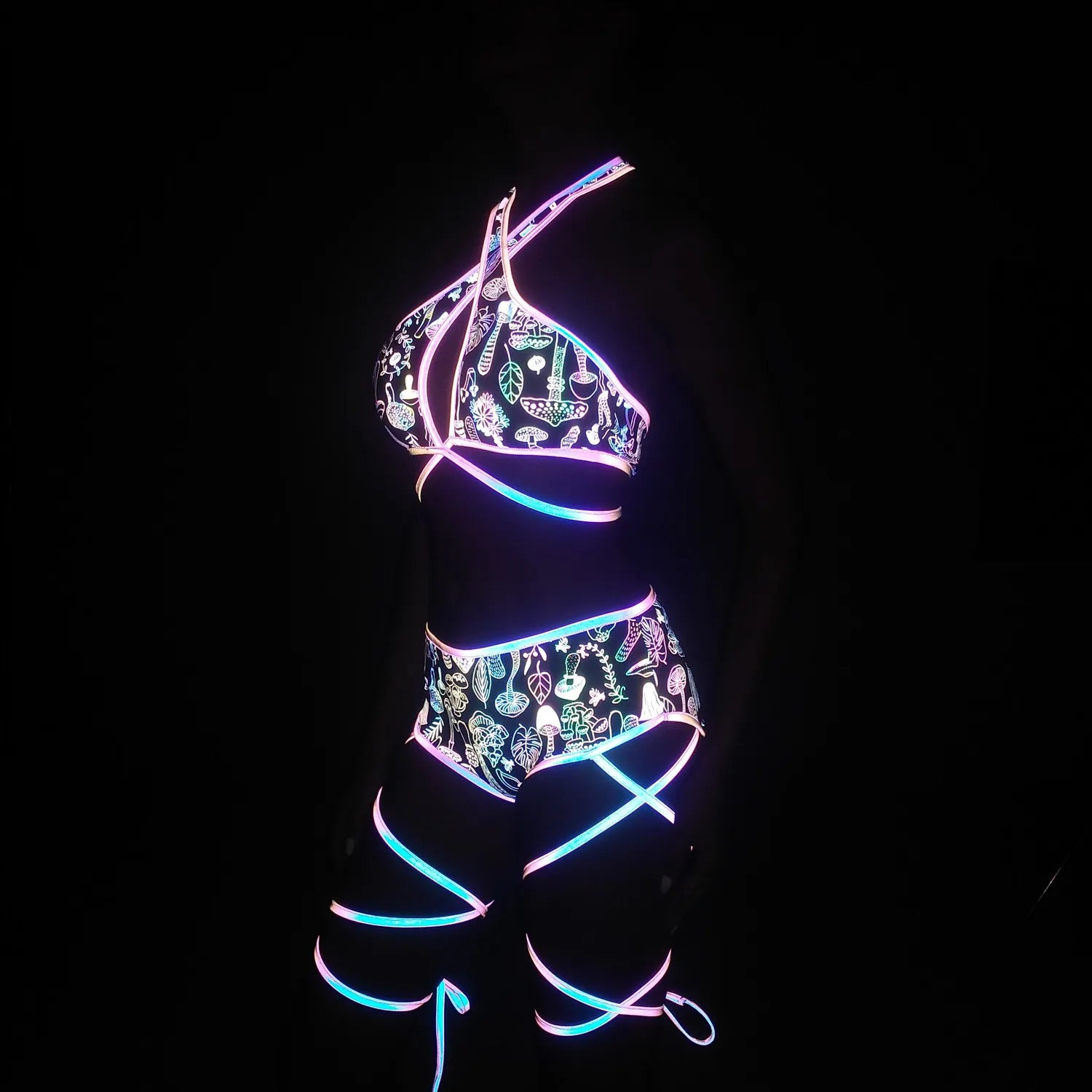 Harajuku Reflective Set Bandage Shorts+Bra+Crop
