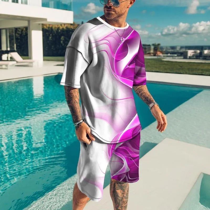 3D Short Sleeve Loose Casual Colorful Line Printing suit