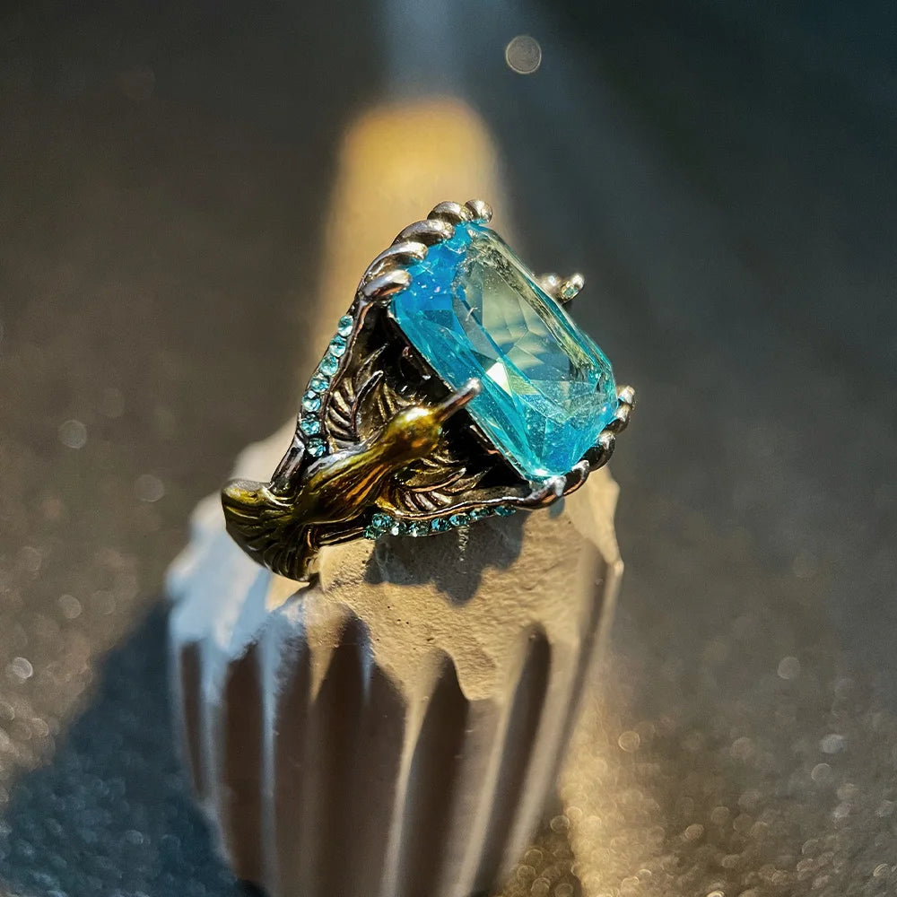 Retro Dragon Claw Golden Eagle Blue Gem Ring