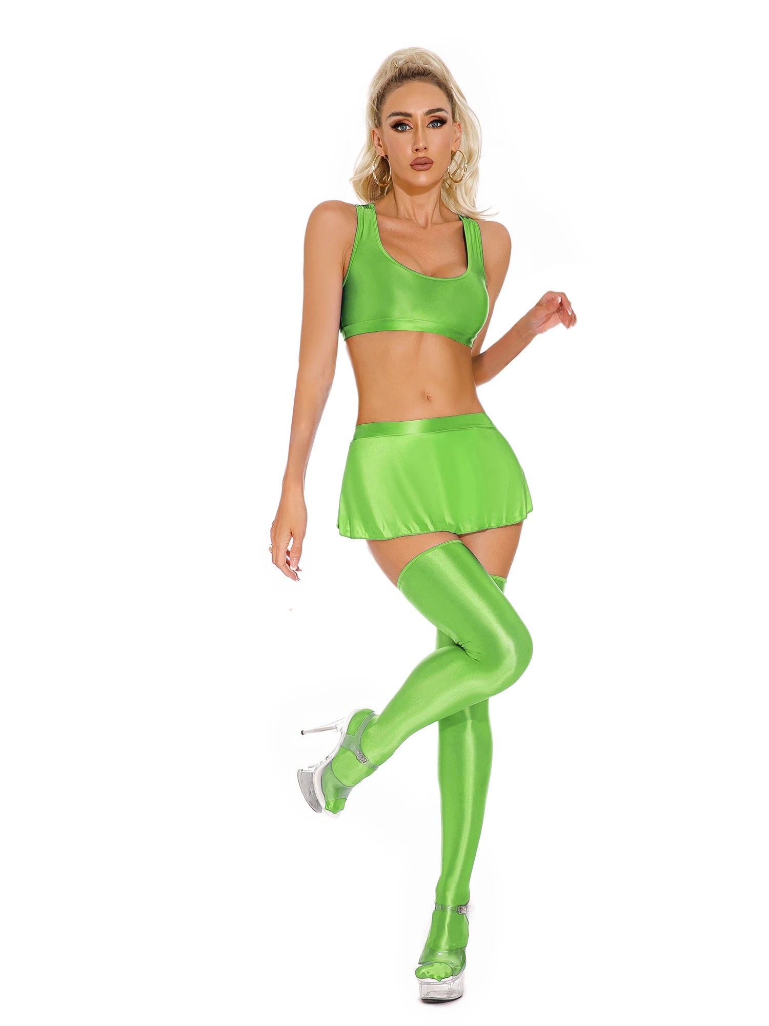 Glossy Rave Party Outfit Mini Skirt  & Crop Top