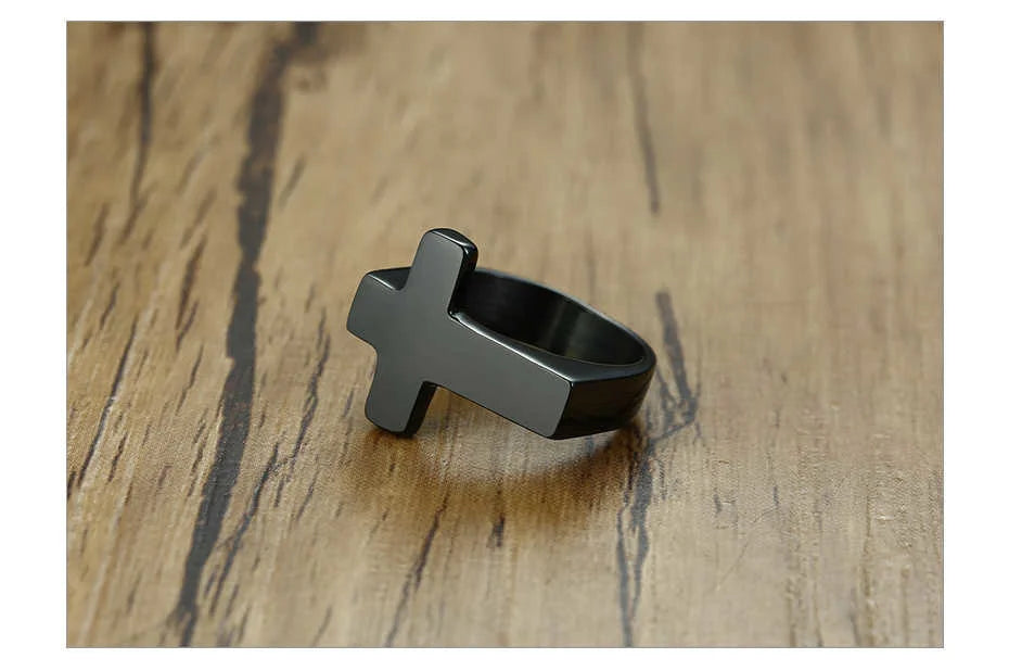 18k gold plated Cross & black/silver Flat Top Ring