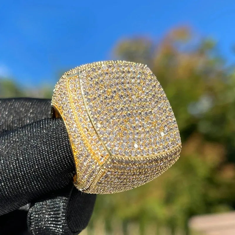 Men's Gold Color Bling Iced Out Cubic Micro Paved CZ Crystal Ring