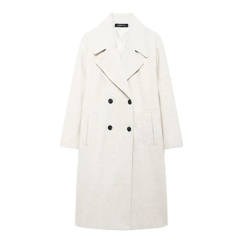 TRAFZA Solid Lapel Double Breasted Coat