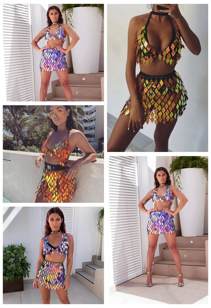 Festival Queen Sequined Crop Top and Mini Skirt