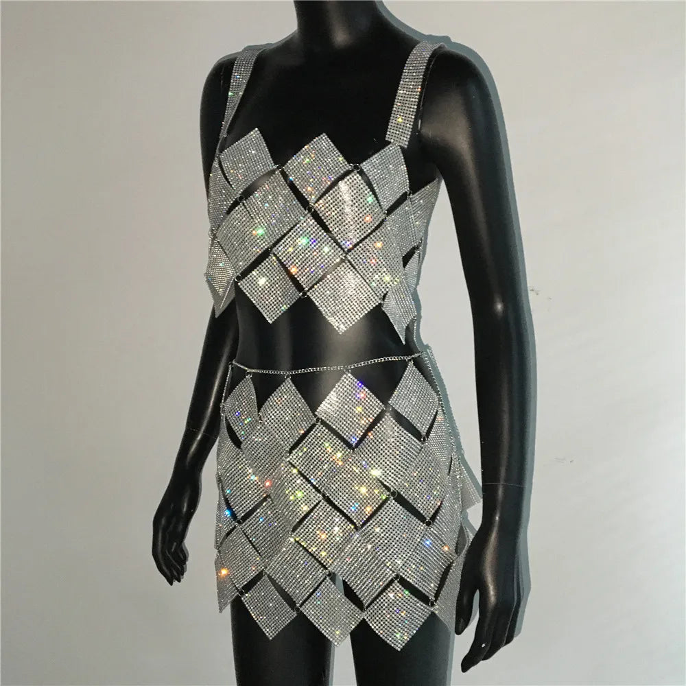 Shiny Crystal Rhinestone  Tank Tops Mini Skirt