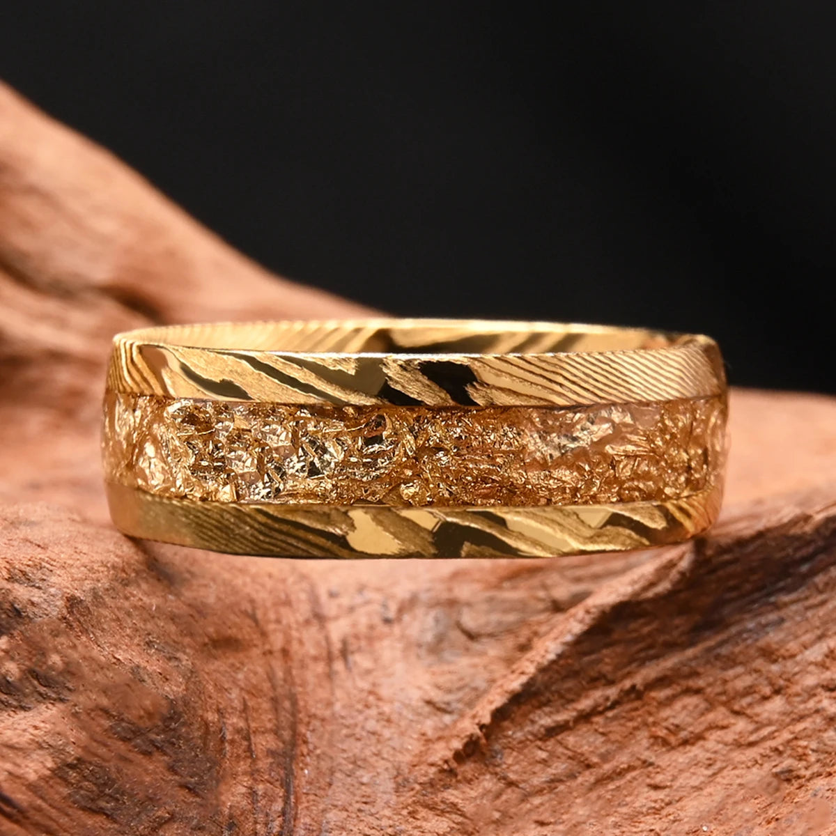 18K Gold Plated luxury Damascus steel inlaid with golden foil wedding ring
